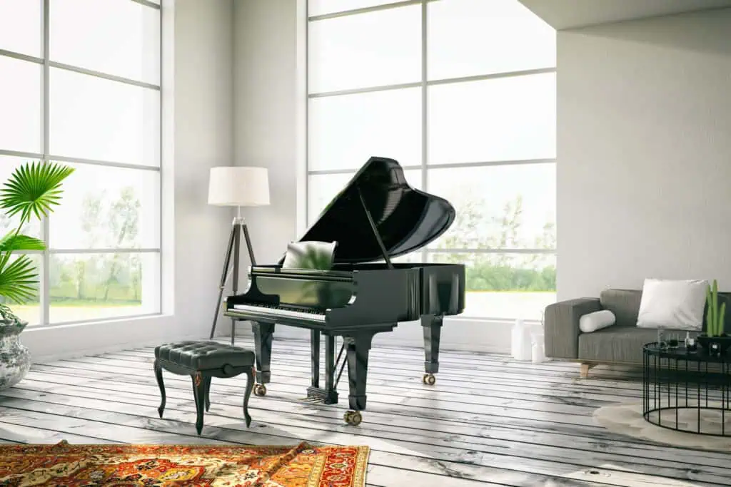 living room with grand piano