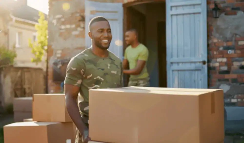 Happy movers carrying boxes during a US residential move, smiling and ready to assist.