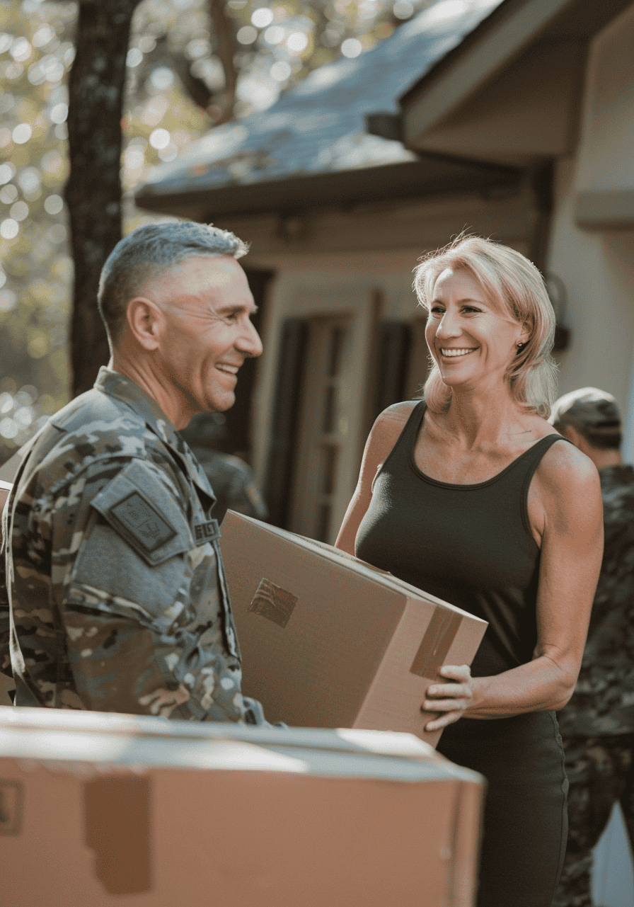 military couple holding packing boxes