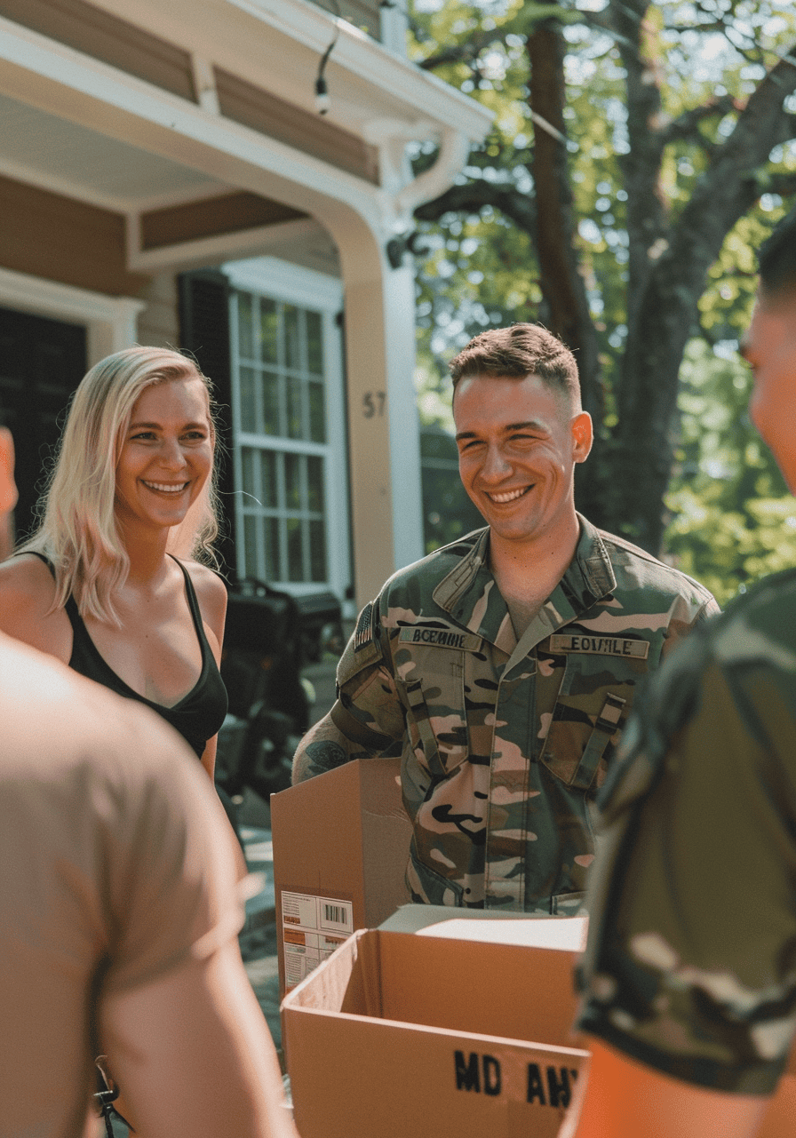 military family holding packing boxes