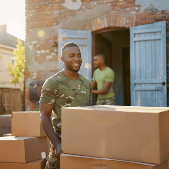 military moves boxes front of home